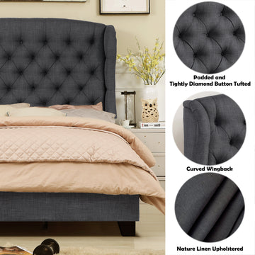 High Back Upholstered Bed Button Tufted Bed Frame with Solid Wood Structure Soft Fabric Headboard