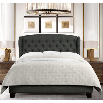 High Back Upholstered Bed Button Tufted Bed Frame with Solid Wood Structure Soft Fabric Headboard