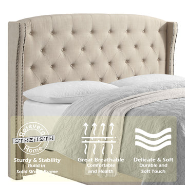 High Back Upholstered Bed Frame with Studded Detail Platform Bed with Solid Wood Frame and Soft Fabric