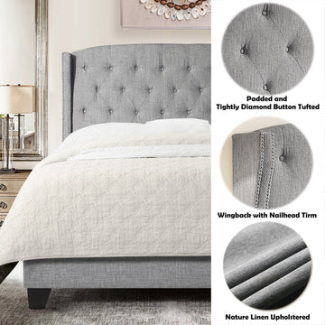 High Back Upholstered Bed Frame with Studded Detail Platform Bed with Solid Wood Frame and Soft Fabric