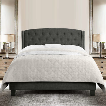 High Back Upholstered Bed Frame with Studded Detail Platform Bed with Solid Wood Frame and Soft Fabric