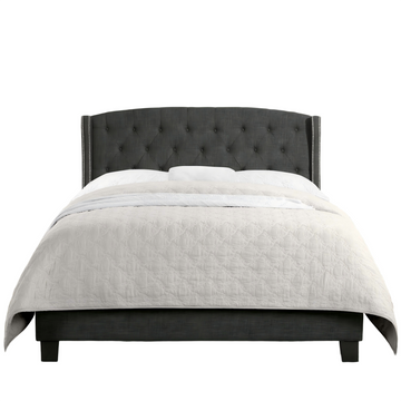 High Back Upholstered Bed Frame with Studded Detail Platform Bed with Solid Wood Frame and Soft Fabric