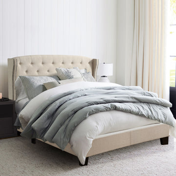 High Back Upholstered Bed Frame with Studded Detail Platform Bed with Solid Wood Frame and Soft Fabric