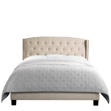 High Back Upholstered Bed Frame with Studded Detail Platform Bed with Solid Wood Frame and Soft Fabric