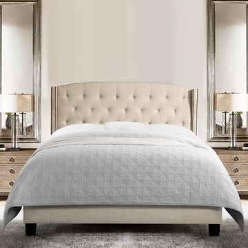 High Back Upholstered Bed Frame with Studded Detail Platform Bed with Solid Wood Frame and Soft Fabric