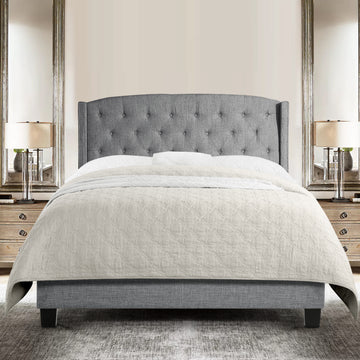 High Back Upholstered Bed Frame with Studded Detail Platform Bed with Solid Wood Frame and Soft Fabric