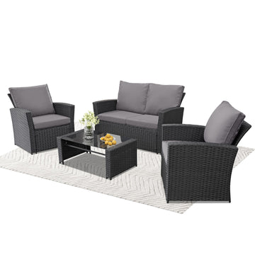 4 Piece PE Rattan Patio Conversation Set Gray with Sofa and Table