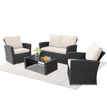 4 Piece PE Rattan Patio Conversation Set Beige with Sofa and Table