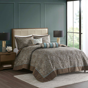 Jacquard Bedspread Set with Throw Pillows - Blue/Brown Queen
