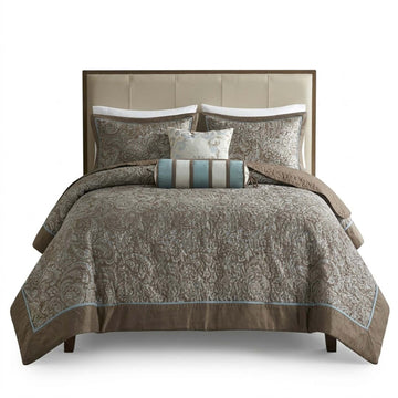 Jacquard Bedspread Set with Throw Pillows - Blue/Brown Queen