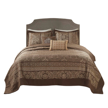 Reversible Jacquard Bedspread Set - Brown/Gold Queen