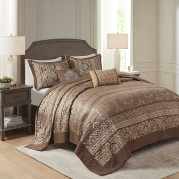 Reversible Jacquard Bedspread Set - Brown/Gold Queen