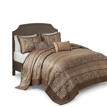 Reversible Jacquard Bedspread Set - Brown/Gold Queen