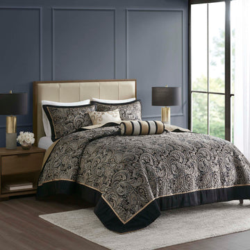 Jacquard Bedspread Set with Throw Pillows - Black Queen