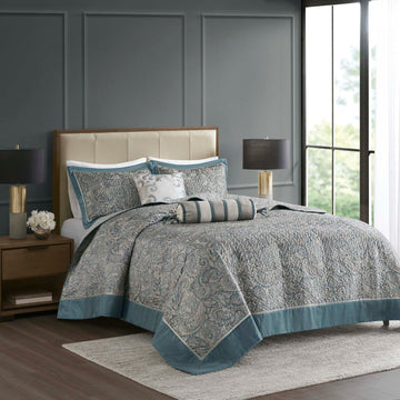 Jacquard Bedspread Set with Throw Pillows - Teal Queen