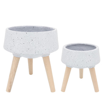 2 Piece Terrazzo Planter Set with Wood Legs Gray 11 Inch and 15 Inch