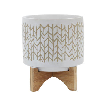 8 Inch Chevron Planter with Wood Stand Beige Ceramic Flower Pot with Drainage Hole