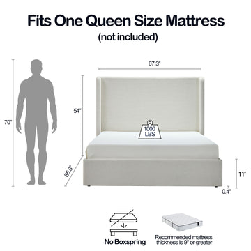Queen Upholstered Wingback Platform Bed Frame with 54 Inch High Headboard No Box Spring Needed Easy Assembly Textured Ivory Chenille