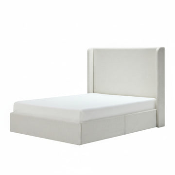 King Upholstered Wingback Platform Bed Frame with 52.3 Inch High Headboard No Box Spring Needed Easy Assembly Textured Ivory Chenille