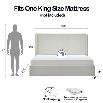 King Upholstered Wingback Platform Bed Frame with 52.3 Inch High Headboard No Box Spring Needed Easy Assembly Textured Ivory Chenille