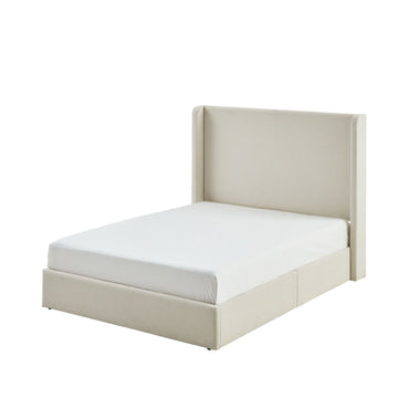 King Upholstered Wingback Platform Bed Frame with 52.3 Inch High Headboard No Box Spring Needed Easy Assembly Ivory Boucle