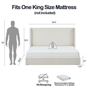 King Upholstered Wingback Platform Bed Frame with 52.3 Inch High Headboard No Box Spring Needed Easy Assembly Ivory Boucle