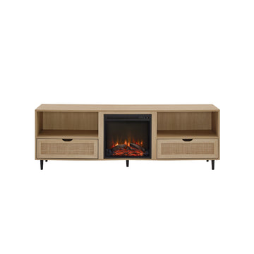 Fireplace TV Stand Coastal Rattan-Door TV Stand with Electric Fireplace for TVs up to 75 Inches, Coastal Oak