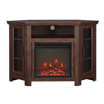 Fireplace TV Stand Classic Glass-Door Fireplace TV Stand for TVs up to 55 Inches Corner Console with Electric Fireplace, Brown