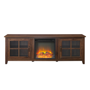 Farmhouse TV Stand with Fireplace Modern 2-Door Glass Windowpane Fireplace TV Stand for TVs up to 80 Inches, Dark Walnut