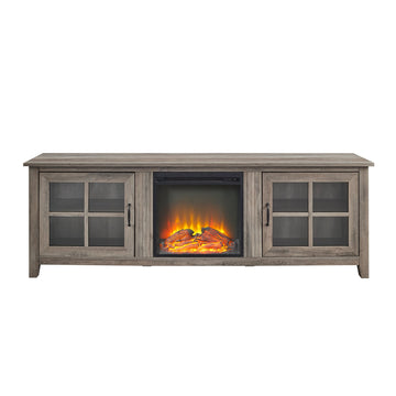 Farmhouse TV Stand with Fireplace Modern 2-Door Glass Windowpane Fireplace TV Stand for TVs up to 80 Inches, Grey Wash