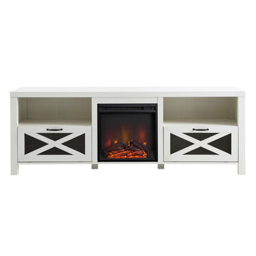 70 Inches Industrial Metal Mesh Fireplace TV Stand Farmhouse Drop-Down X-Door TV Stand with Electric Fireplace for TVs up to 80 Inches, Brushed White