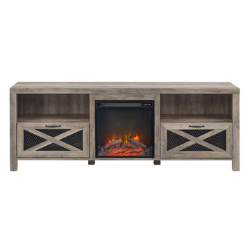 70 Inches Industrial Metal Mesh Fireplace TV Stand Farmhouse Drop-Down X-Door TV Stand with Electric Fireplace for TVs up to 80 Inches, Grey Wash