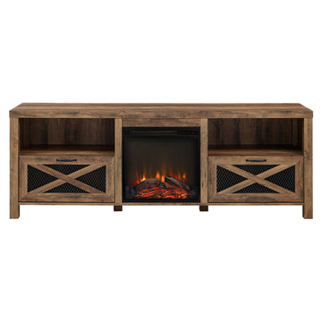 70 Inches Industrial Metal Mesh Fireplace TV Stand Farmhouse Drop-Down X-Door TV Stand with Electric Fireplace for TVs up to 80 Inches, Rustic Oak
