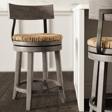 26" Wood Counter-Height Bar Stool with Natural Seagrass Seat, Reclaimed Gray, 1PC