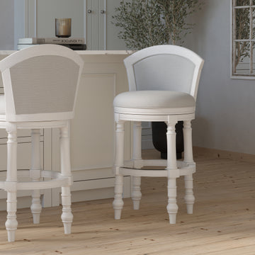 Wood Barrel-Back Bar Stool with Swivel and Upholstered Seat and Back, Farmhouse White with Light Gray Seat and Back, 1PC