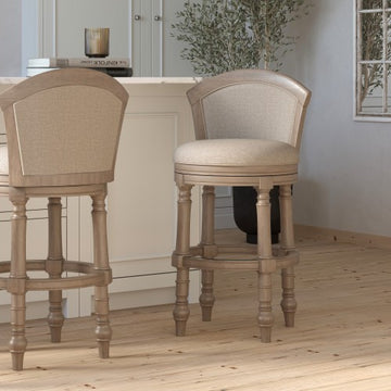 Wood Barrel-Back Bar Stool with Swivel and Upholstered Seat and Back, Uptown Gray with Beige Seat and Back, 1PC