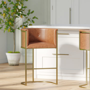 Bar Stool – Tobacco Brown Faux Leather with Brass-Finish Metal Base, 1PC