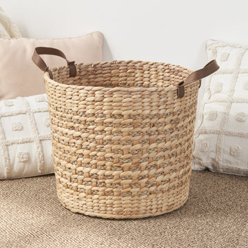 15.7 Inch Two Tone Water Hyacinth Storage Basket with Faux Leather Handles for Laundry