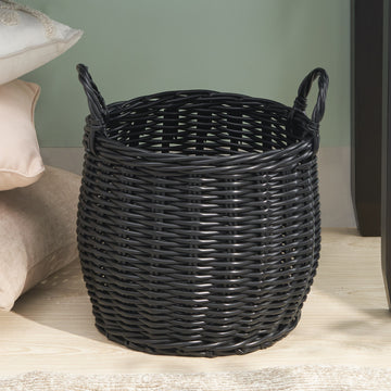 13 Inch Matte Black PE Faux Rattan Woven Storage Basket for Modern Industrial Decor