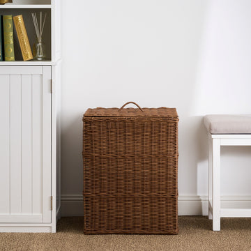 Tall Square Faux Rattan Laundry Hamper with Hinged Lid for Bathroom and Bedroom
