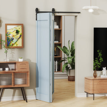 2.5 ft./30 in. Black Single Bi-Fold Sliding Barn Door Track and Hardware Kit with J-Shape Hanger for Double Doors