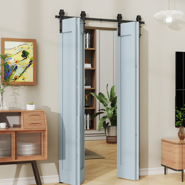 4 ft./48 in. Black Double Bi-Fold Sliding Barn Door Track and Hardware Kit with J-Shape Hanger for 4-Doors