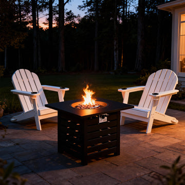 Essential for Courtyard Night Talks Classic White 2 pieces HDPE Patio Chair and Eco Friendly Composite Fire Pit 32 inch Square 50000 BTU Full of Warmth