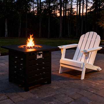 Essential for Courtyard Night Talks Classic White 2 pieces HDPE Patio Chair and Eco Friendly Composite Fire Pit 32 inch Square 50000 BTU Full of Warmth