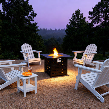 Essential for Courtyard Night Talks Classic White 4 pieces HDPE Patio Chair and Eco Friendly Composite Fire Pit 32 inch Square 50000 BTU Full of Warmth