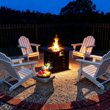 Essential for Courtyard Night Talks Classic White 4 pieces HDPE Patio Chair and Eco Friendly Composite Fire Pit 32 inch Square 50000 BTU Full of Warmth