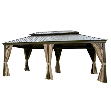 Outdoor Living 14x20FT Hardtop Gazebo, Permanent Metal Gazebo with Galvanized Steel Double Roof and Aluminum Frame, Curtain and Netting, Large Pavilion Gazebo for Patio Deck Garden