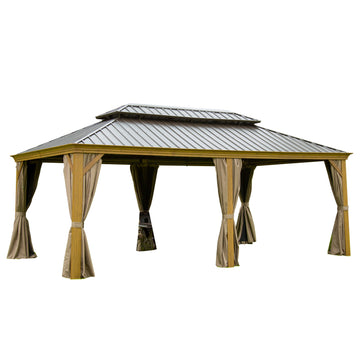 Outdoor Living 14x20FT Hardtop Gazebo, Permanent Metal Gazebo with Galvanized Steel Double Roof and Aluminum Frame, Curtain and Netting, Large Pavilion Gazebo, Wood Looking