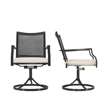Outdoor Metal Swivel Chairs Set of 2 Patio Dining Chair with Cushion Furniture Set for Garden Backyard Bistro, Small Grid, Black