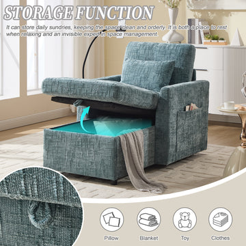 Multifunctional Chenille Sofa with Storage & Cell Phone Bracket, Single Sleeper Chair, Chaise Lounge Chair, Lake Blue